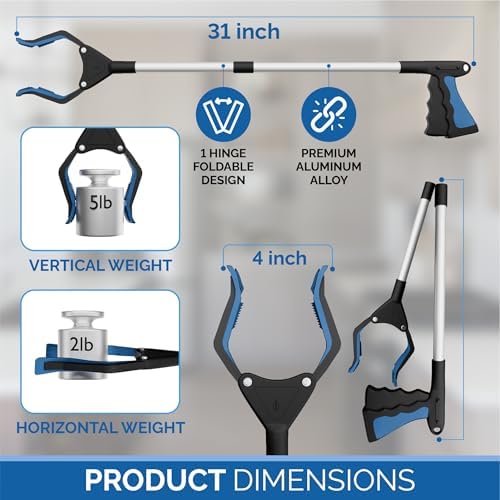 FitPlus 2024 Upgrade PowerGrip T9, Grabber Reacher Tool, Wide Jaw, Foldable, Steel Cable, with 96 Grip Points for Firm Grip, 32" with Magnet (Black, 32 Inch) - Image 4