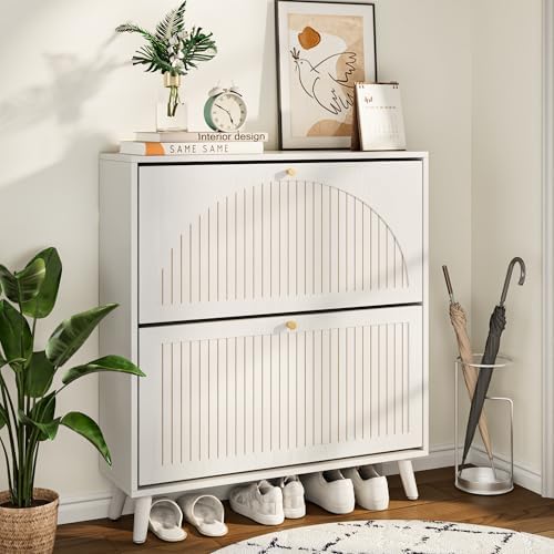 Fsbecl Shoe Storage Cabinet for Entryway with 2 Fluted Flip Drawers, White - Image 6