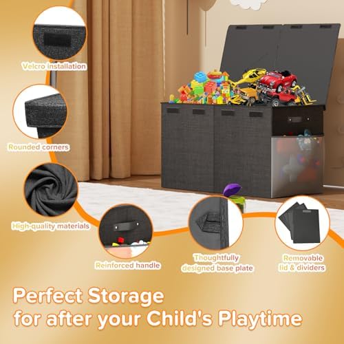 Large Toy Box Chest, Collapsible Sturdy Toy Storage Organizer Boxes Bins Baskets Dinosaur Kids Toy Chest Bin with Lids for Boys Girls Living Room Playroom Bedroom Nursery 25"x14"x16" Black - Image 5