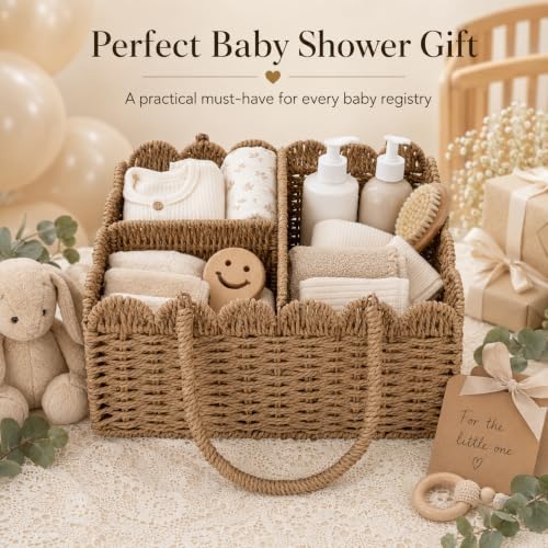 Large Wicker Diaper Caddy Organizer, Scalloped Nursery Basket for Changing Table, Woven Rope Baby Holder with Removable Divider, Portable Organizer for Diapers Wipes Clothes Toys & Essentials (Brown) - Image 7