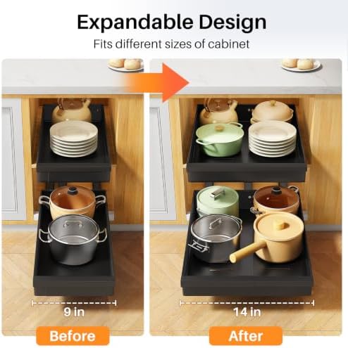 PXRACK Pull out Cabinet Organizer, 2-Pack Expandable(9"-14.2") Silde out Drawers with Raising Pad for Framed Cabinets, Adjustable Full-Extension for Kitchen Pantry Home Pot and Pan, Black - Image 5