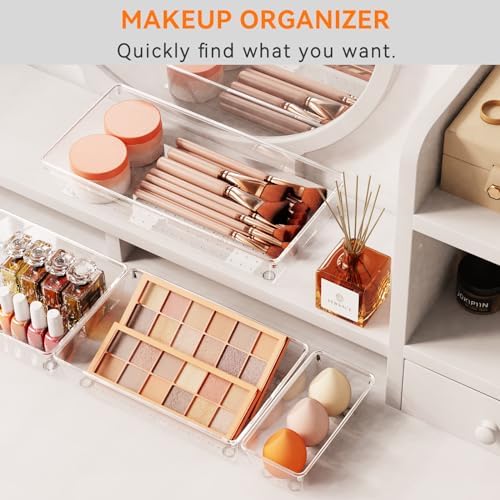 Criusia 16 Pack Large Clear Plastic Drawer Organizer Bins - 5 Size Acrylic Bathroom and Vanity Organizers and Storage Trays for Makeup Office Home, Kitchen Drawer Organizer for Utensils, Gadgets - Image 6