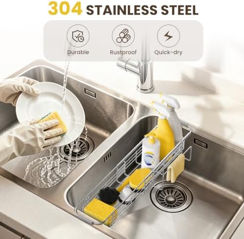 DELLAN Over The Sink Caddy, Expandable Kitchen Sink Caddy Sponge Holder - Image 5