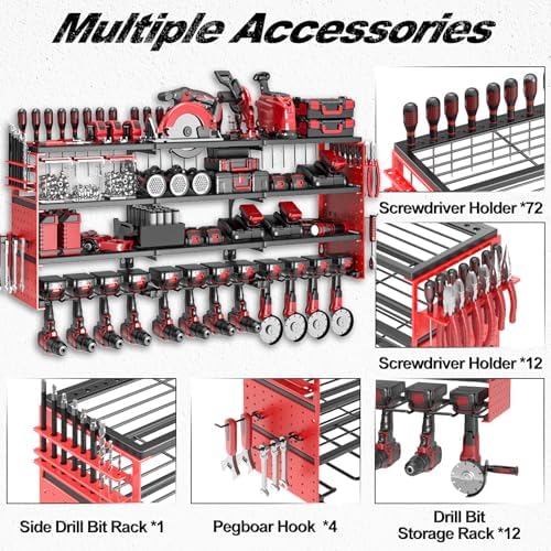 52" Metal Power Tool Organizer Wall Mount,4 Tier,Red - Image 3
