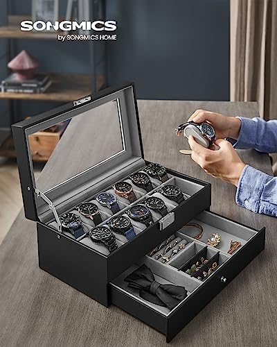 SONGMICS Watch Box, 12-Slot Watch Case Organizer with Large Glass Lid, 2 Layers, Removable Pillows, Metal Lock, Gift for Loved Ones, Black Synthetic Leather, Gray Lining UJWB012 - Image 2