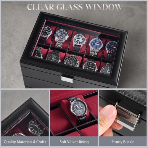 ProCase 3-Layer Watch Box with Glass Lid for Men, 20-Slot, Winered - Image 5
