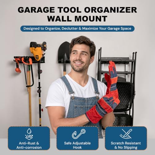 Garage Tool Organizer Wall Mount, 80 Inch Heavy Duty Garage Storage Rack, Up to 440 LB Capacity, 10 Adjustable Hooks & 5 Racks, Garden Tool Organizer for Shovels, Rakes & Brooms - Image 2