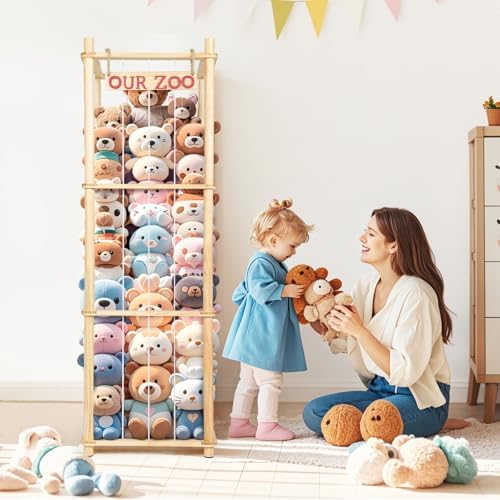 Stuffed Animal Storage - Tall Natural Pine Wood Toy Organizer with Elastic Cords & Shelf, Space-Saving Plushie Playhouse for Nursery, Playroom, Kids Bedroom - Easy Assembly - Image 2