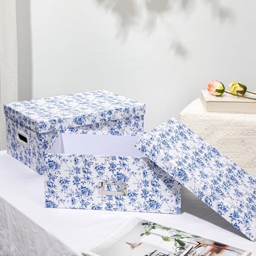Briful Set of 2 Blue and White Porcelain-Style Storage Boxes with Lids – Elegant Floral Nesting Organizer Bins, 14'' + 13'' Set Decorative Cardboard Gift Boxes for Home or Office Use - Image 6