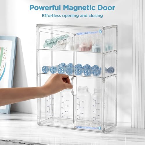 HBlife Baby Bottle Storage Organizer for Wall Countertop Cabinet, 3 Tiers Adjustable Clear Acrylic Bottles Storage Station Case Box Container with 2 Removable Dividers and Magnetic Door, Small - Image 5