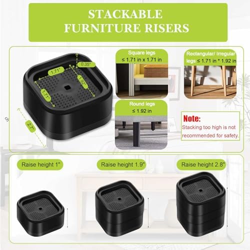6 Pack Furniture Risers 2 Inch, Adjustable Bed Risers Heavy Duty for Table Desk Couch Chair Sofa Cabinet Bed Legs Dorm, Square Stackable Bed Raisers Blocks Lift Height 1", 2",3"or 4", Black - Image 2