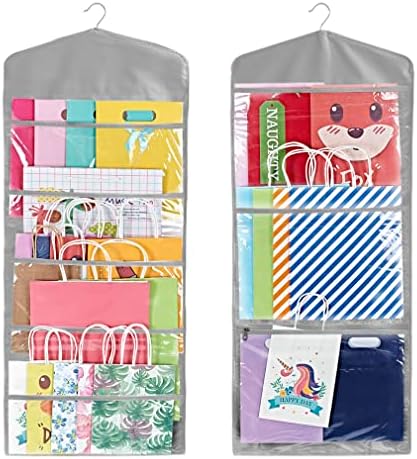 ProPik Hanging Double Sided Gift Bag Storage Organizer with Multiple Front and Back Pockets - Organize Your Gift Wrap, Tissue Paper, and Paper Bags 38 x 16 Inch PVC (Gray) by ProPik