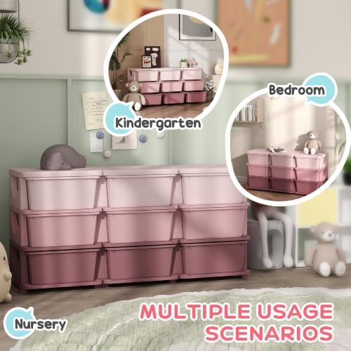 Qaba 9 Drawers Kids Storage Unit 3 Tier Toy Organizers Pink - Image 4