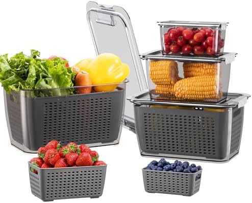 LUXEAR 4 Pack Fruit Containers for Fridge, Vegetable Storage Container with Lids &Removable Colander Produce Saver Organizer for Refrigerator Keep Fruit, Veggie, Berry, Meat Fresh Longer-Grey by Luxear