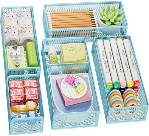 Marbrasse 5 Pack Desk Drawer Organizer Set, Mesh Drawer Storage Trays with 1 Adjustable Divider, Desk Organizers and Accessories, 5 PCS Drawer for Office Supplies, Makeup & Vanity (Blue) by Marbrasse