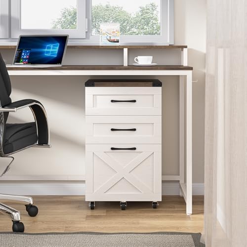 Halitaa Farmhouse 3 Drawer Small File Cabinet with Wheels, Rustic White - Image 2