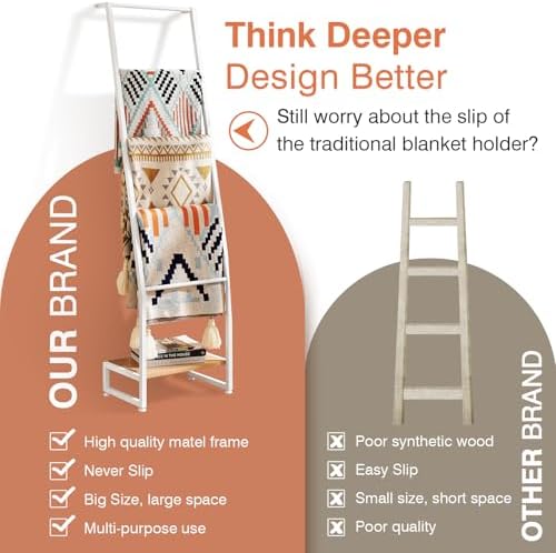 DGWJSU Blanket Ladder, 5 Tier Ladder Shelf,Wooden Blanket Ladders for Living Room and Bedroom, 5.2ft Blanket Holder Rack Farmhouse Ladder Rack for Storage and Home Decor (White) - Image 4