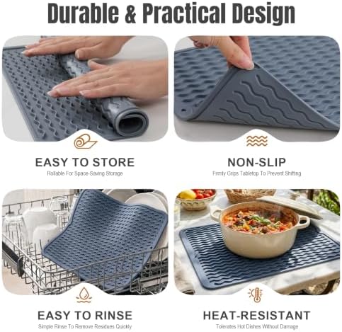 2 Pack Silicone Dish Drying Mat for Kitchen Counter Shower Caddy Rack Waterproof Trivets Placemats Meal Prep Essentials for Women Espresso Machine Station Appliances 28" x 20" Blue - Image 6