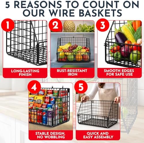 3x Stackable Hanging and Counter Baskets, Hanging Fruit Baskets for Kitchen - Image 5