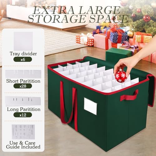 RoomHacks Christmas Ornament Storage Box, Store Up to 128 Ornaments, Christmas Storage Container, Dual Zipper & Adjustable, Large Organizer Bin to Protect and Store Holiday Ornaments (Green-2 Pack) - Image 4