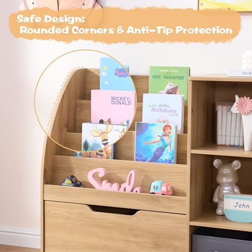 Fatmok Kids Bookshelf and Toy Storage, Toy Storage Organizers with Movable Drawers & 3 Storage Bins, Kids Reading Nook Toy Organizers Shelf with 5 Cubbies, Natral Wood - Image 7