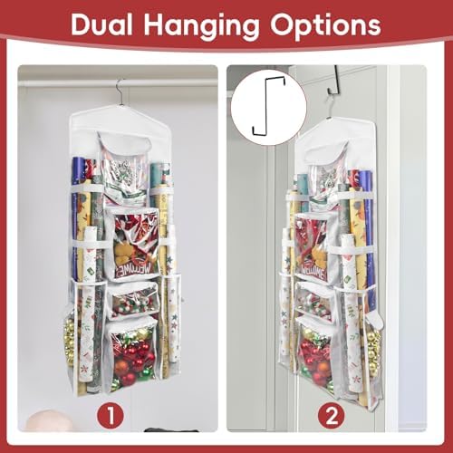 Wrapping Paper Organizer, Double-Sided Hanging, Over Door Gift Wrap Storage with Multiple Pockets, Side Pockets, Elastic Straps, Organize Ribbons, Bows, Tools, Space-Saving Closet,Cabinet Design,White - Image 4