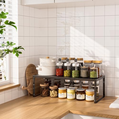 Expandable Adjustable Stackable Kitchen Organizer,Pantry Storage Shelves Racks,for cabinets Shelf, Kitchens, countertops, bathrooms,RV(1Pack/Black,Medium) - Image 2