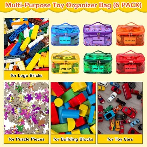 Tesuko 6 Pack Clear Toy Storage Bag with Name Tag& Manual Pocket, Waterproof Transparent PVC Toy Organizer Case for Lego Bricks, Board Games, Building Blocks, Puzzles (Large Capacity, Full Colourful) - Image 5