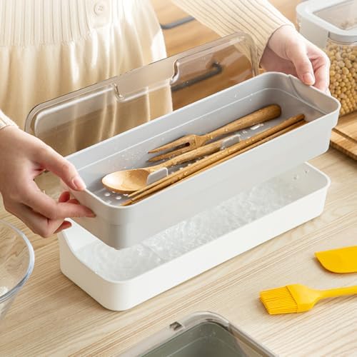 Plastic Kitchen Drawer Organizer with Lid and Drainer Stackable Utensil Holder for Countertop Silverware Tray Flatware Organizers - 13x4.7x2.4 Inch Spatula Cutlery Storage Box - Image 3