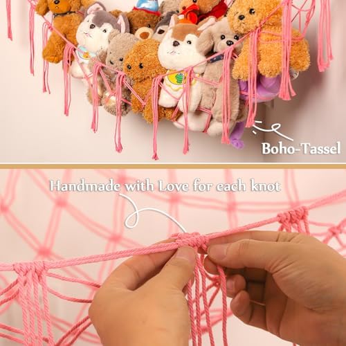 YKBU Stuffed Animals Hammock Corner Hanging Net with Tassel Macrame Stuffed Animal Storage Plush Toy Holder Toy Organizer for Boho Nursery Playroom Bedroom Kids Room (pink, large) - Image 2