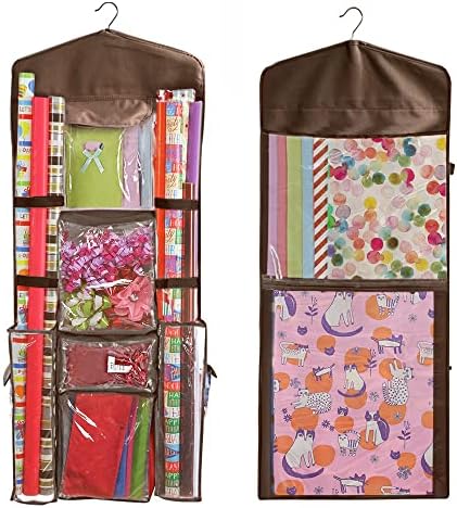 Hanging Gift Wrapping Paper Storage Organizer Bag, Double Sided Multiple Front & Back Pockets Organize Your Gift Wrap, Gift Bags Bows Ribbons 40"X17" Fits Long 40 Inch Rolls Clear PVC Bag (Brown) by Primode