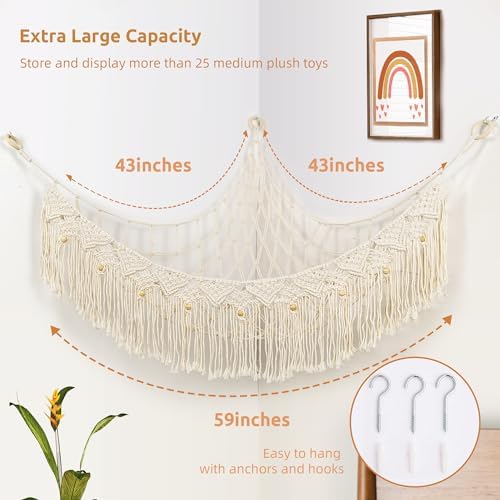 Large Stuffed Animal Net or Hammock, Stuffed Animal Storage Macrame Toy Hammock Hanging Net for Stuffed Animals Corner, Plushie Net Hammock Toy Organizer for Boho Kids Room Nursery Playroom - Image 5