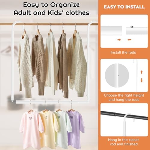 Hanging Closet Rod Adjustable Width Height Closet Rod For Hanging Clothes White 2 Pack Closet Extender Hanging Rod Clothes Space-Saving Hanging Bar Organizer - Image 6