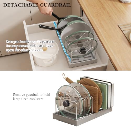 CICUFY 4 Pack Pots and Pans Organizer Under Cabinet, 12"-23" Pot Lid Holder Rack Inside Cabinet with 10 Adjustable Dividers, Pan Lid Organizer with Guardrail For Kitchen Countertop, Gray - Image 3