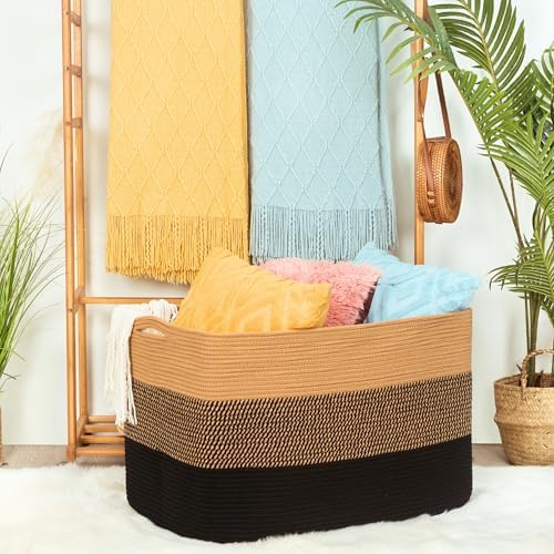 MINTWOOD Design 112L Extra Large Blanket Basket Holder Living Room, 25"x17"x16" Rectangle Rope Woven Storage Basket with Handles for Laundry, Pool Towels, Shoes, Dog Toy Organizer Bin Box, Black Jute - Image 4