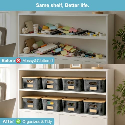 Bagnizer Small Plastic Storage Bins with Bamboo Lids 5.2qt Stackable Box Basket Pantry Decorative Containers Cute with Lable for Organizing Desktop Closet Office Gray of 6 packs 10 * 7.2 * 4.1" - Image 5