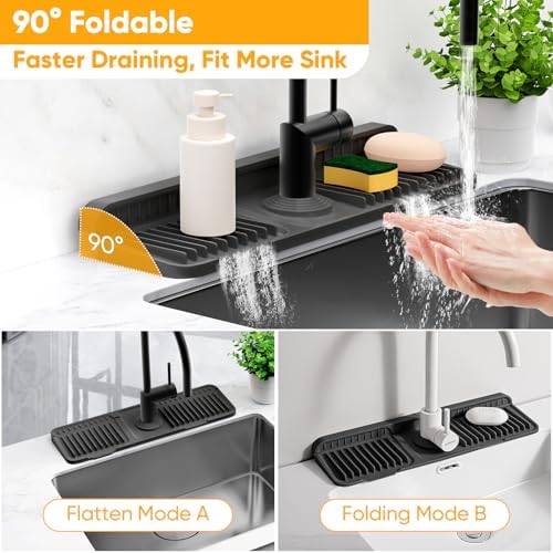 17.7'' Folding Faucet Mat for Kitchen Sink Splash Guard[7° Slope Fast Self-draining][Snap Lock Fit] Kitchen Sink Faucet Mat Splash Guard Kitchen Sink Area Water Splash Guard Behind Faucet Draining Mat - Image 6