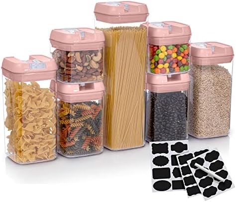 Set of 7 Airtight Food Storage Containers - Pantry Organizer Bins, BPA Free Plastic Containers plus Dry Erase Marker and Labels, Pink by Alphx+Innovations