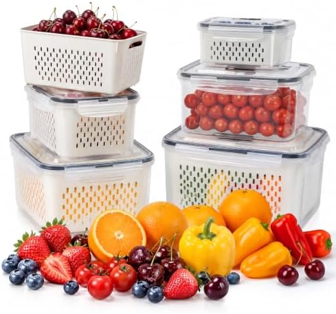 SZHLUX 5 PCS Fruit Storage Containers for Fridge with Removable Colander by SZHLUX