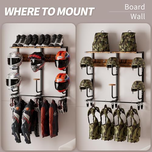 Motorcycle Helmet Rack with 6 J-hooks& 6 Clip Hooks – Wall Mounted Helmet Holder Stand for 6 Helmets, Riding Suits & Accessories, Sturdy Construction Storage Organizer for Entryway or Garage - Image 4