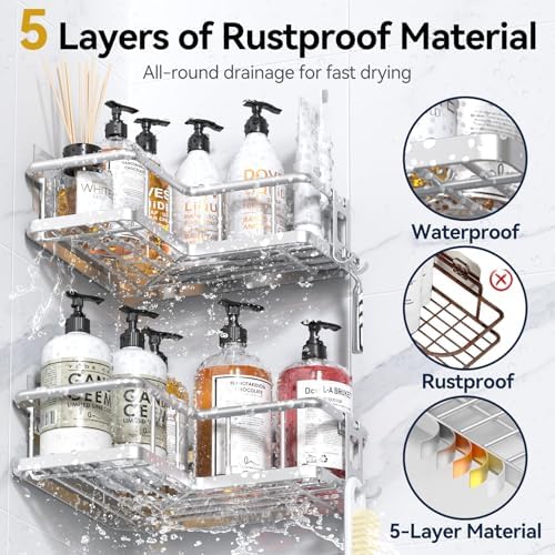 YASONIC Corner Shower Caddy Adhesive, 100% Rustproof Shower Organizer with Soap and Troothbrush Holder, No Drill Shower Shelf for Inside Shower, Wall-Mounted Shower Storage for Homes (5 Pack, Silver) - Image 5