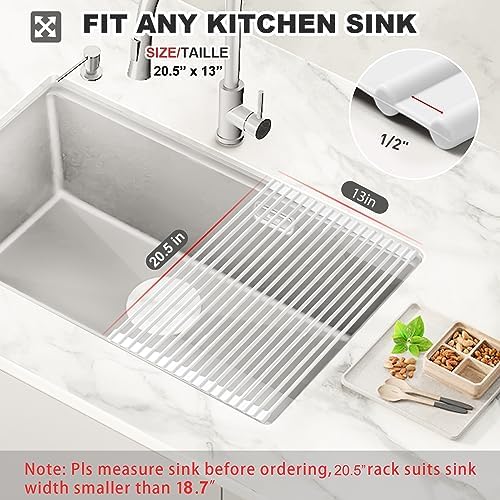 MERRYBOX Roll Up Dish Drying Rack Silicone Wrapped Over The Sink Dish Rack Foldable Dish Drainer Anti-Slip Dish Racks for Kitchen Counter, Multipurpose Kitchen Sink Drying Rack, 20.5" x 13", White - Image 2