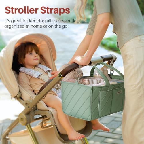 Baby Essentials Diaper Caddy Organizer – Portable Storage Basket with Shoulder Strap & Stroller Hooks, Splashproof Quilted Nursery & Car Tote, Gender Neutral Gifts for Baby Shower, Sage Green - Image 4