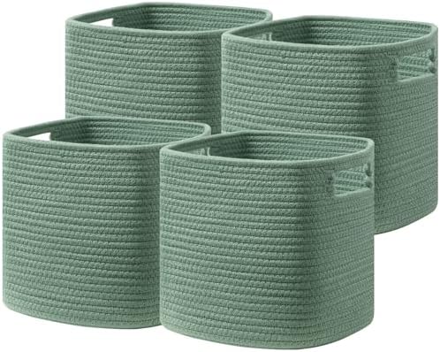 UBBCARE Set of 4 Storage Basket-11 X 10.5 X 10.5 In, Cotton Rope Basket for Shelves, Toys, Book, Cube Storage Bins with Handles, Woven Storage Basket for Organizing, Green by UBBCARE