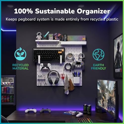 Keepo Peg Board Wall Organizer for Gaming Setup, Pegboard with Adhesives & Screw Mounts, Includes Peg Board Accessories for Gaming Accessories, Tech Storage & Office Organization (White, 22″×22″) - Image 3