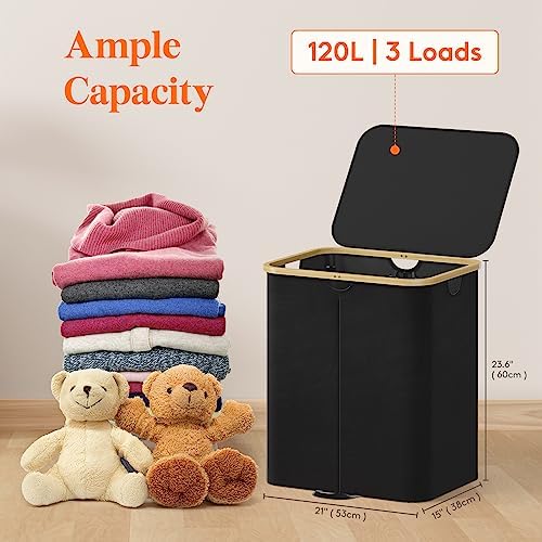 Lifewit 120L Double Laundry Hamper with Lid and Removable Bag, Black - Image 2