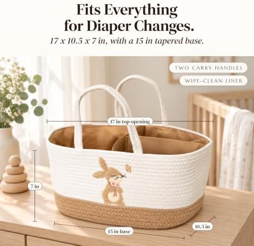 Baby Diaper Caddy Organizer, Bunny Cotton Rope Nursery Basket - Image 2