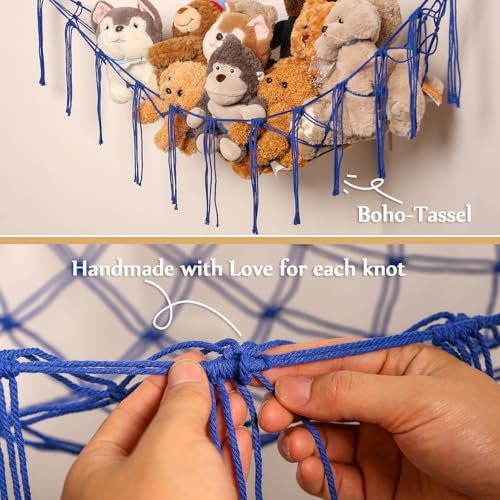 YKBU Stuffed Animals Hammock Corner Hanging Net for Macrame Stuffed Animal Storage Plush Toy Holder Toy Organizer for Boho Nursery Playroom Bedroom Kids Room Decor (blue, Large) - Image 2