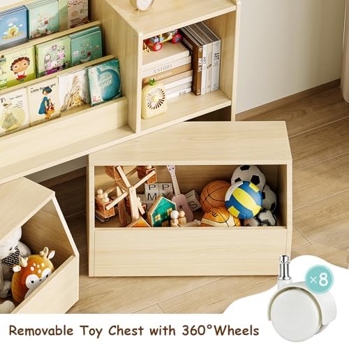 EXPERLAM Solid Wood Kids Bookshelf and Toy Storage Organizer, 3-in-1 Montessori Bookcase with Storage Cubbies and 2 Rolling Toy Bins, Toddler Bookshelf for Kids Room, Playroom, Nursery - Image 3
