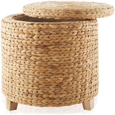 Casafield 17" Round Storage Ottoman with Lid - Natural, Handwoven Water Hyacinth Footstool for Living Room, Bedroom, Bathroom, Home Office - Image 5